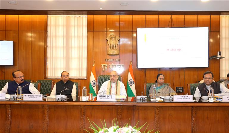 The Union Minister for Home Affairs and Cooperation, Shri Amit Shah reviews implementation of three New Criminal Laws with Lieutenant Governor Vinai Kumar Saxena and Chief Minister Smt. Rekha Gupta, in New Delhi on May 05, 2025.