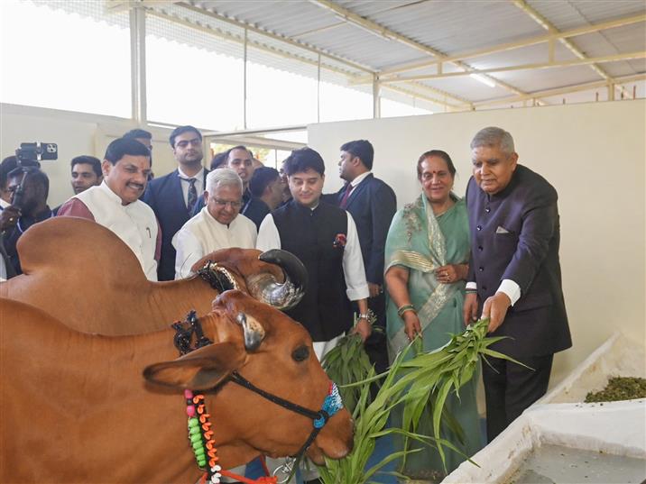 The Vice President of India, Shri Jagdeep Dhankhar at the inauguration of ‘Model Gaushala and Natural Farming Unit’ at Rajmata Vijayraje Scindia Krishi Vishwavidyalaya in Gwalior, Madhya Pradesh on May 4, 2025.