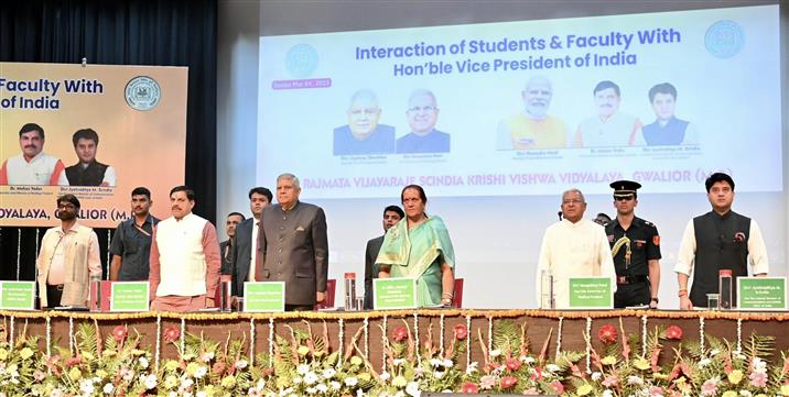 The Vice President of India, Shri Jagdeep Dhankhar addressing the students and faculty members of Rajmata Vijayraje Scindia Krishi Vishwavidyalaya in Gwalior, Madhya Pradesh on May 4, 2025.
