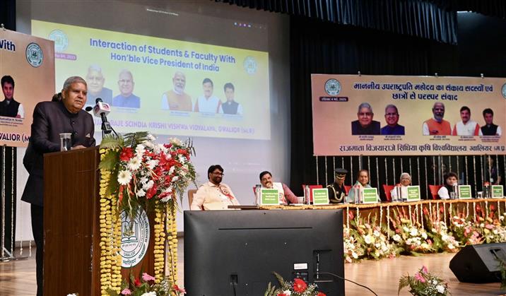 The Vice President of India, Shri Jagdeep Dhankhar addressing the students and faculty members of Rajmata Vijayraje Scindia Krishi Vishwavidyalaya in Gwalior, Madhya Pradesh on May 4, 2025.