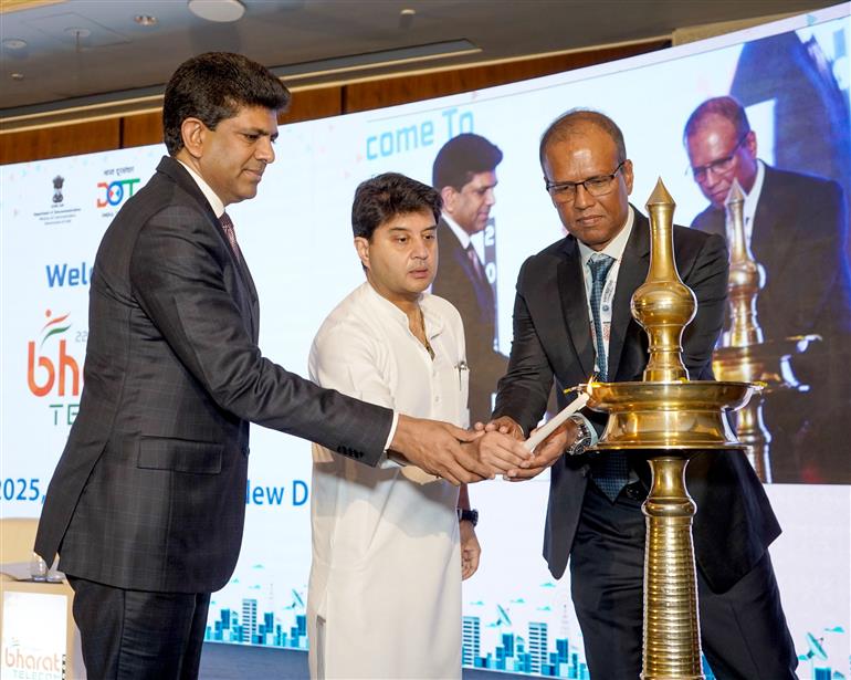 The Union Minister of Communications and Development of North Eastern Region (DoNER), Shri Jyotiraditya M. Scindia along with the Minister of State for Rural Development and Communications, Dr. Chandra Sekhar Pemmasani lighting the lamp at the inauguration of the 22nd Bharat Telecom 2025, in New Delhi on May 06, 2025.