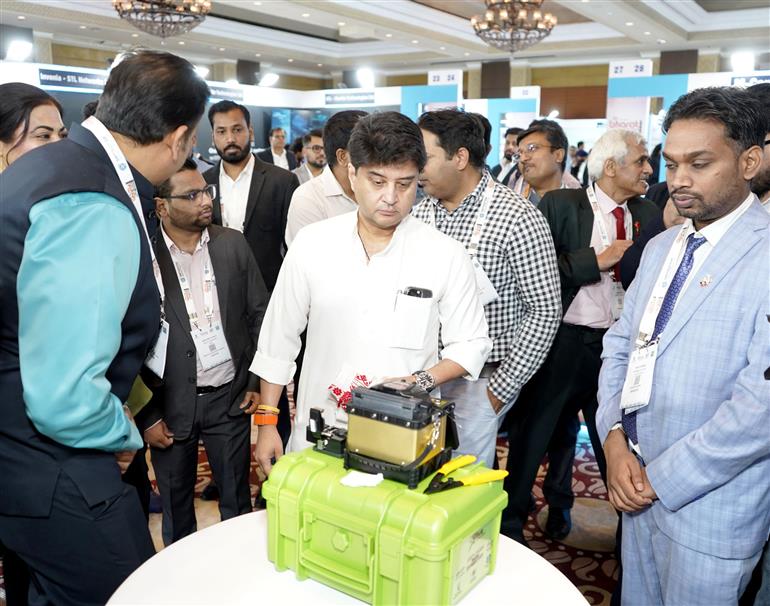 The Union Minister of Communications and Development of North Eastern Region (DoNER), Shri Jyotiraditya M. Scindia visits an exhibition during the inauguration of the 22nd Bharat Telecom 2025, in New Delhi on May 06, 2025.