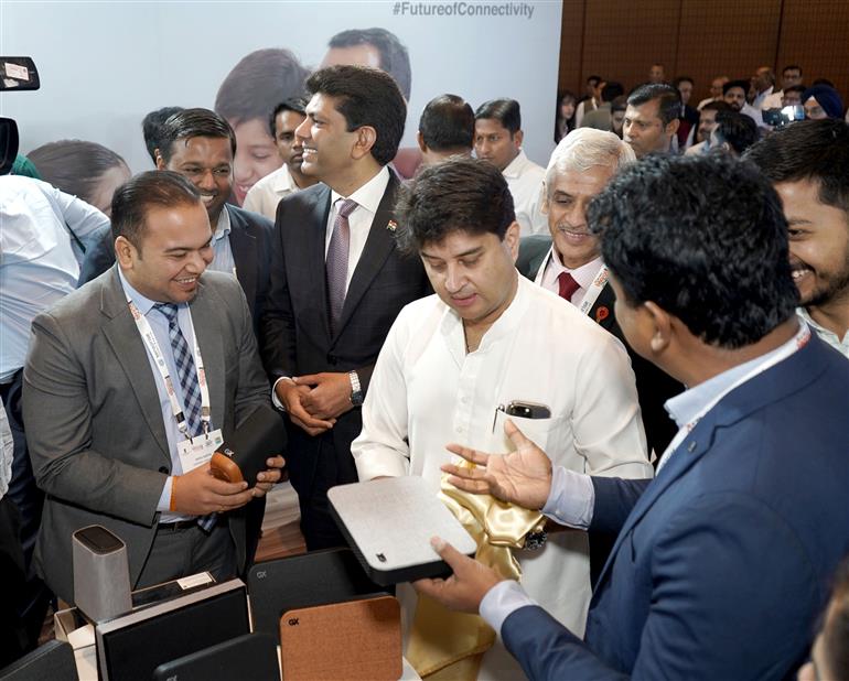 The Union Minister of Communications and Development of North Eastern Region (DoNER), Shri Jyotiraditya M. Scindia visits an exhibition during the inauguration of the 22nd Bharat Telecom 2025, in New Delhi on May 06, 2025.
