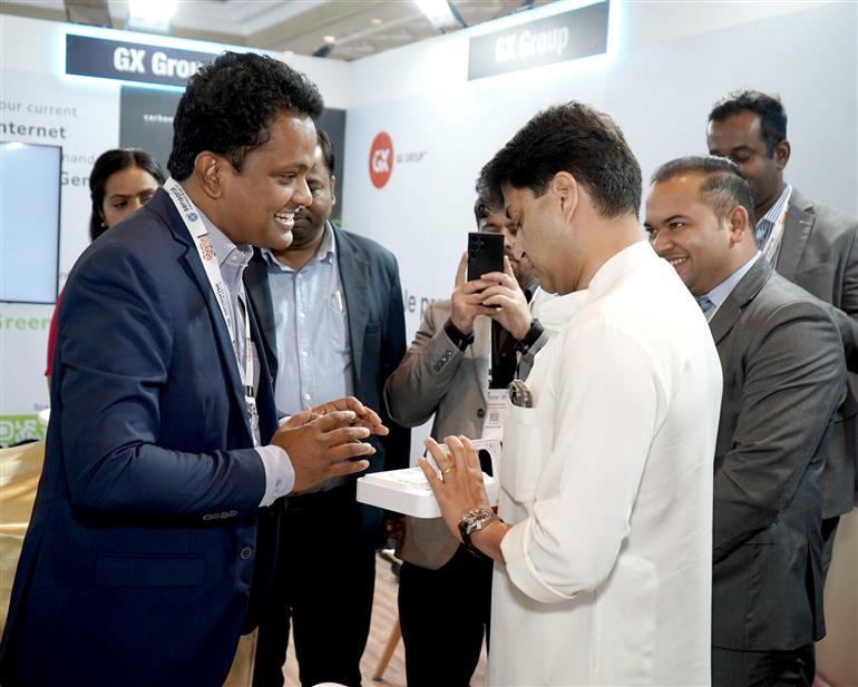 The Union Minister of Communications and Development of North Eastern Region (DoNER), Shri Jyotiraditya M. Scindia visits an exhibition during the inauguration of the 22nd Bharat Telecom 2025, in New Delhi on May 06, 2025.