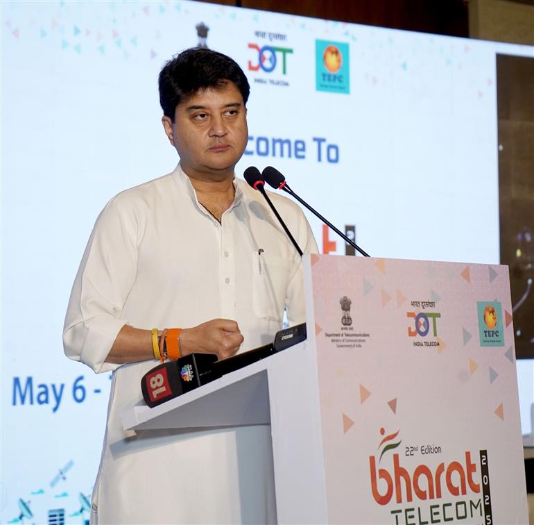 The Union Minister of Communications and Development of North Eastern Region (DoNER), Shri Jyotiraditya M. Scindia addressing at the inauguration of the 22nd Bharat Telecom 2025, in New Delhi on May 06, 2025.