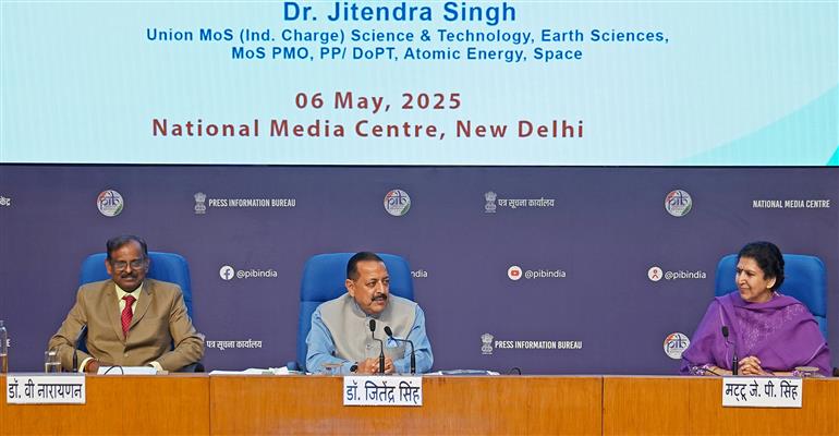 The Minister of State for Science & Technology (Independent Charge), Earth Sciences (Independent Charge), Prime Minister’s Office, Personnel, Public Grievances & Pensions, Atomic Energy and Space, Dr. Jitendra Singh interacting with media during ‘Updates on Gaganyaan Programme’ at National Media Centre, in New Delhi on May 06, 2025.