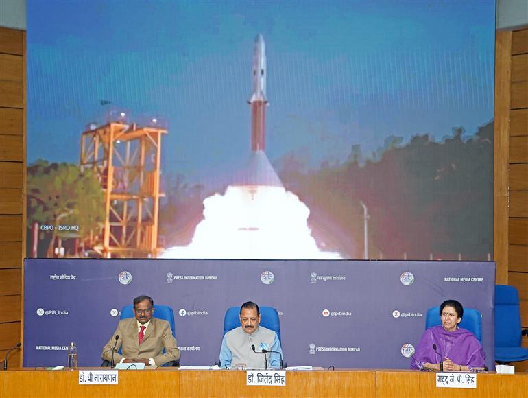 The Minister of State for Science & Technology (Independent Charge), Earth Sciences (Independent Charge), Prime Minister’s Office, Personnel, Public Grievances & Pensions, Atomic Energy and Space, Dr. Jitendra Singh interacting with media during ‘Updates on Gaganyaan Programme’ at National Media Centre, in New Delhi on May 06, 2025.