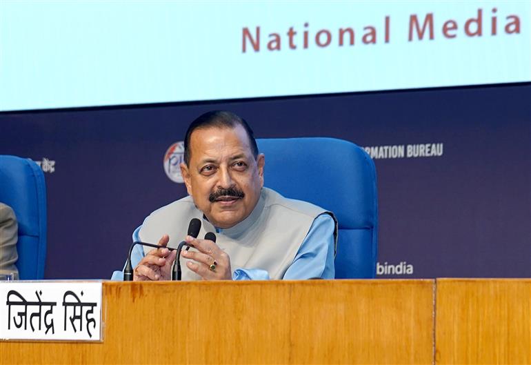 The Minister of State for Science & Technology (Independent Charge), Earth Sciences (Independent Charge), Prime Minister’s Office, Personnel, Public Grievances & Pensions, Atomic Energy and Space, Dr. Jitendra Singh interacting with media during ‘Updates on Gaganyaan Programme’ at National Media Centre, in New Delhi on May 06, 2025.