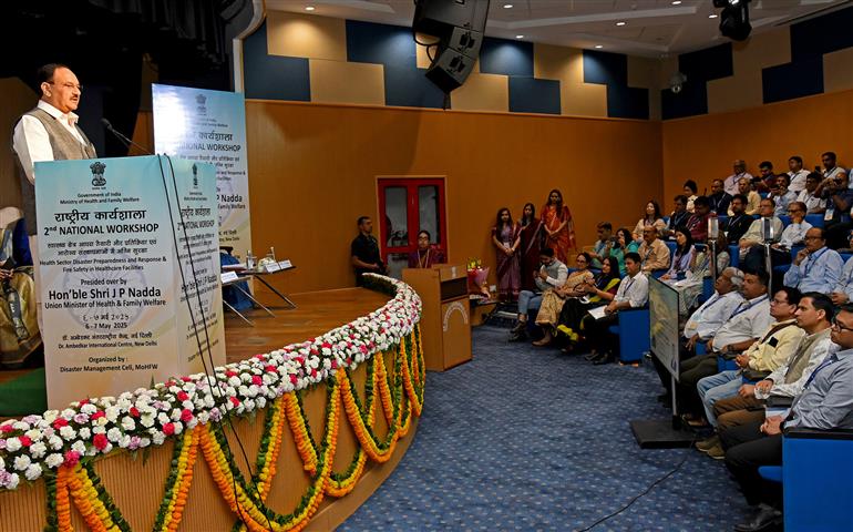 The Union Minister of Health and Family Welfare & Chemicals and Fertilizers, Shri Jagat Prakash Nadda addressing at the inaugural session of the 2nd National Workshop on “Health Sector Disaster Preparedness and Response” & “Fire Safety in Healthcare Facilities”, in New Delhi on May 06, 2025.