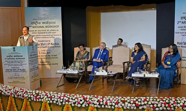 The Union Minister of Health and Family Welfare & Chemicals and Fertilizers, Shri Jagat Prakash Nadda addressing at the inaugural session of the 2nd National Workshop on “Health Sector Disaster Preparedness and Response” & “Fire Safety in Healthcare Facilities”, in New Delhi on May 06, 2025.