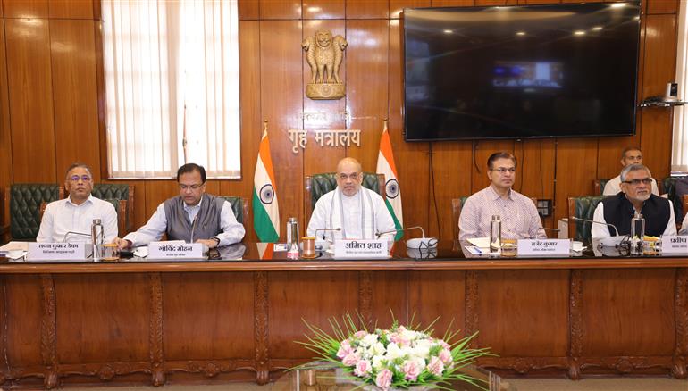 The Union Minister for Home Affairs and Cooperation, Shri Amit Shah chairs a review meeting on the security situation with the Lieutenant Governors and Chief Ministers of border states adjoining Pakistan and Nepal, in New Delhi on May 07, 2025.:Ministry of Home Affairs