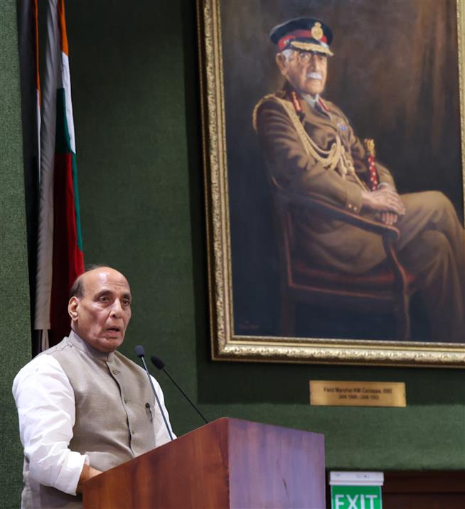 The Union Minister for Defence, Shri Rajnath Singh addressing at the BRO Raising Day event at Manekshaw Centre, in Delhi Cantt on May 07, 2025.