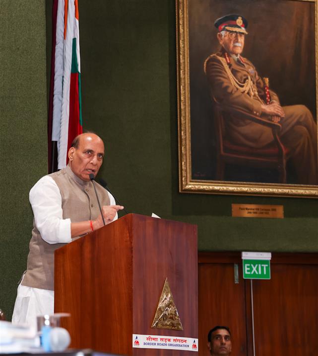 The Union Minister for Defence, Shri Rajnath Singh addressing at the BRO Raising Day event at Manekshaw Centre, in Delhi Cantt on May 07, 2025.