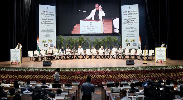 The Union Minister of Agriculture and Farmers Welfare and Rural Development, Shri Shivraj Singh Chouhan addressing the gathering at the National Conference held on Agriculture for Kharif Campaign - 2025 at Bharat Ratna C. Subramaniam Auditorium, in New Delhi on May 08, 2025.