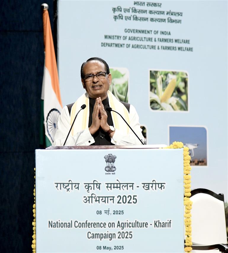 The Union Minister of Agriculture and Farmers Welfare and Rural Development, Shri Shivraj Singh Chouhan addressing the gathering at the National Conference held on Agriculture for Kharif Campaign - 2025 at Bharat Ratna C. Subramaniam Auditorium, in New Delhi on May 08, 2025.
