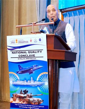 The Union Minister for Defence, Shri Rajnath Singh addressing at the National Quality Conclave, in New Delhi on May 08, 2025.