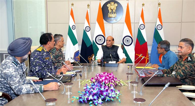 The Union Minister for Defence, Shri Rajnath Singh chairing a high level meeting to review the security situation along the western border and operational preparedness of the Indian Armed Forces at South Block, in New Delhi on May 09, 2025. The Chief of Defence Staff General Anil Chauhan, Chief of the Army Staff General Upendra Dwivedi, Chief of the Naval Staff Admiral Dinesh K Tripathi, Chief of the Air Staff Air Chief Marshal AP Singh and Defence Secretary Shri Rajesh Kumar Singh are also seen.:Ministry of Defence