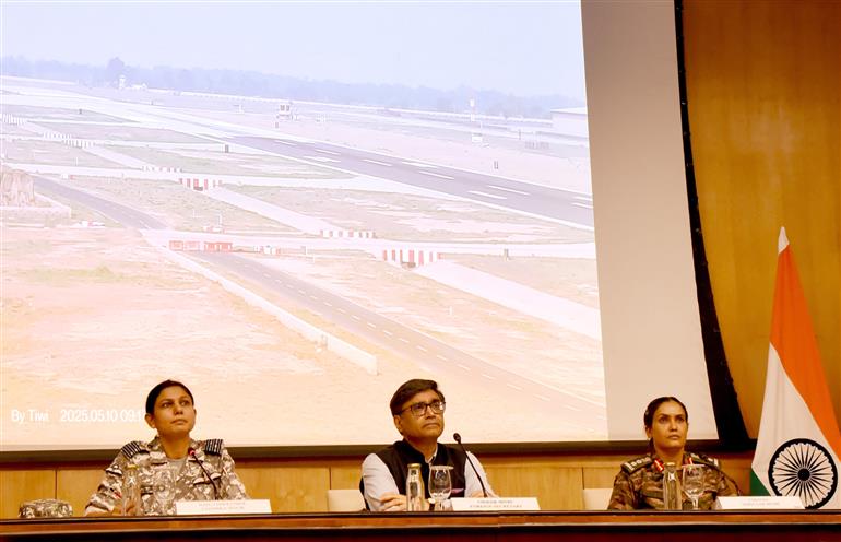 The Secretary, Ministry of External Affairs, Shri Vikram Misri, Colonel Sofiya Qureshi and Wing Commander Vyomika Singh briefing the media on ‘Operation Sindoor’, in New Delhi on May 10, 2025.:Ministry of External Affairs