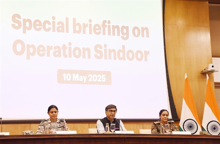 The Secretary, Ministry of External Affairs, Shri Vikram Misri, Colonel Sofiya Qureshi and Wing Commander Vyomika Singh briefing the media on ‘Operation Sindoor’, in New Delhi on May 10, 2025.:Ministry of External Affairs