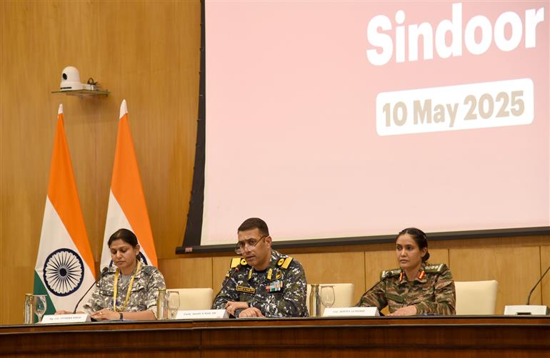 Additional Secretary Randhir Jaiswal, Commodore Raghu R Nair, Colonel Sofiya Qureshi and Wing Commander Vyomika Singh briefing the media on ‘Operation Sindoor’, in New Delhi on May 10, 2025.:Ministry of External Affairs