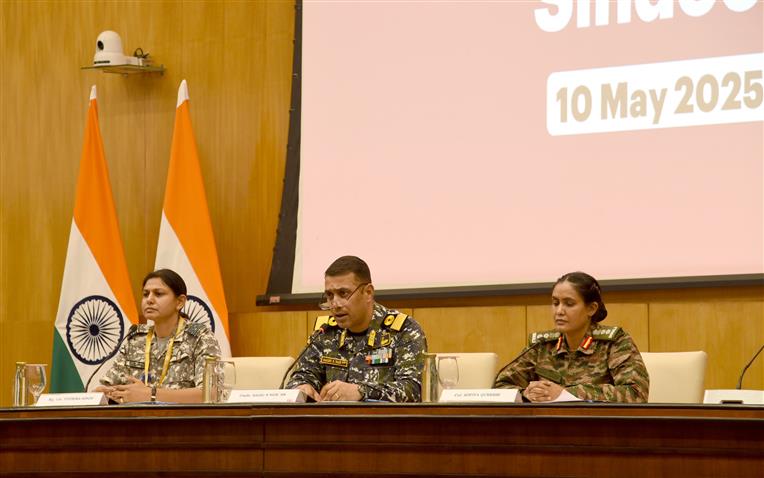 Additional Secretary Randhir Jaiswal, Commodore Raghu R Nair, Colonel Sofiya Qureshi and Wing Commander Vyomika Singh briefing the media on ‘Operation Sindoor’, in New Delhi on May 10, 2025.:Ministry of External Affairs
