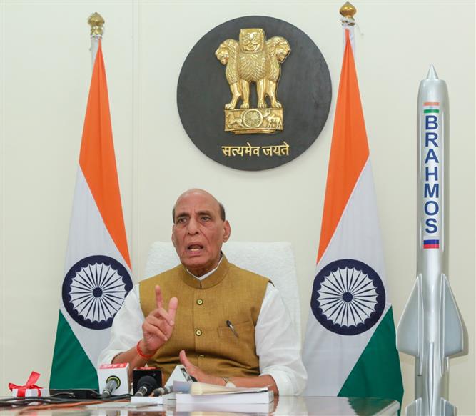 The Union Minister for Defence, Shri Rajnath Singh addressing at the virtually inauguration of BrahMos Integration & Testing Facility Centre at Lucknow, in Uttar Pradesh on May 11, 2025.