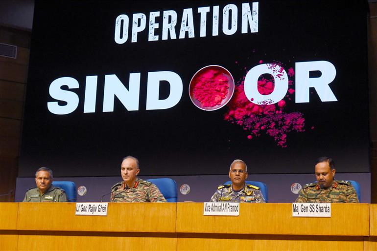 DGMO Lieutenant General Rajiv Ghai, Air Marshal AK Bharti, DGAO, IAF, Vice Admiral AN Pramod and Major General S.S. Sharda briefing the media on Operation Sindoor at National Media Centre, in New Delhi on May 11, 2025.