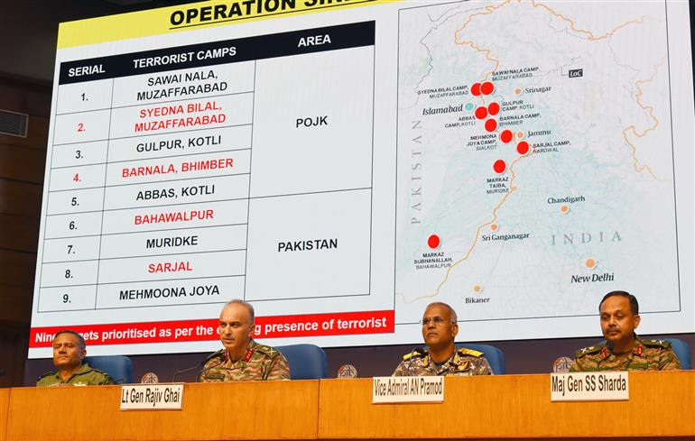 DGMO Lieutenant General Rajiv Ghai, Air Marshal AK Bharti, DGAO, IAF, Vice Admiral AN Pramod and Major General S.S. Sharda briefing the media on Operation Sindoor at National Media Centre, in New Delhi on May 11, 2025.