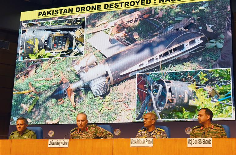 DGMO Lieutenant General Rajiv Ghai, Air Marshal AK Bharti, DGAO, IAF, Vice Admiral AN Pramod and Major General S.S. Sharda briefing the media on Operation Sindoor at National Media Centre, in New Delhi on May 11, 2025.