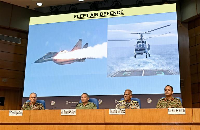 Director General Naval Operations (DGNO) Vice Admiral Shri AN Pramod is briefing the media on ‘Operation Sindoor’ at National Media Centre, in New Delhi on May 12, 2025. Lieutenant General Shri Rajiv Ghai, Air Marshal Sh. A.K Bharti, and Major General S.S. Sharda are also seen in the Picture.:Ministry of Defence