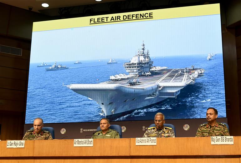 Director General Naval Operations (DGNO) Vice Admiral Shri AN Pramod is briefing the media on ‘Operation Sindoor’ at National Media Centre, in New Delhi on May 12, 2025. Lieutenant General Shri Rajiv Ghai, Air Marshal Sh. A.K Bharti, and Major General S.S. Sharda are also seen in the Picture.:Ministry of Defence