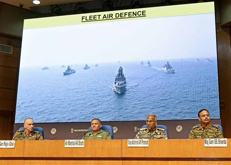 Director General Naval Operations (DGNO) Vice Admiral Shri AN Pramod is briefing the media on ‘Operation Sindoor’ at National Media Centre, in New Delhi on May 12, 2025. Lieutenant General Shri Rajiv Ghai, Air Marshal Sh. A.K Bharti, and Major General S.S. Sharda are also seen in the Picture.:Ministry of Defence