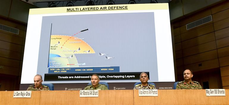 Director General Air Operations (DGAO) Sh. A.K. Bharti briefing the media on ‘Operation Sindoor’ at National Media Centre, in New Delhi on May 12, 2025. Lieutenant General Shri Rajiv Ghai, Vice Admiral Shri AN Pramod and Major General S.S. Sharda are also seen in the Picture.:Ministry of Defence