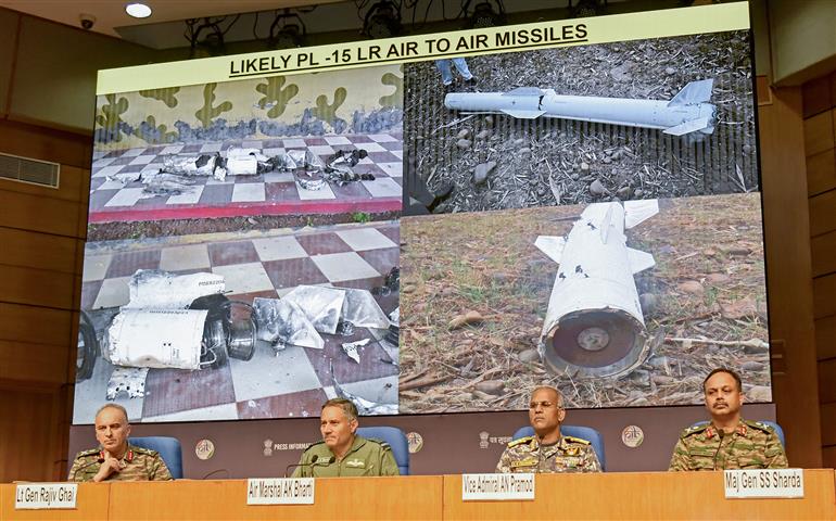 Director General Air Operations (DGAO) Sh. A.K. Bharti briefing the media on ‘Operation Sindoor’ at National Media Centre, in New Delhi on May 12, 2025. Lieutenant General Shri Rajiv Ghai, Vice Admiral Shri AN Pramod and Major General S.S. Sharda are also seen in the Picture.:Ministry of Defence