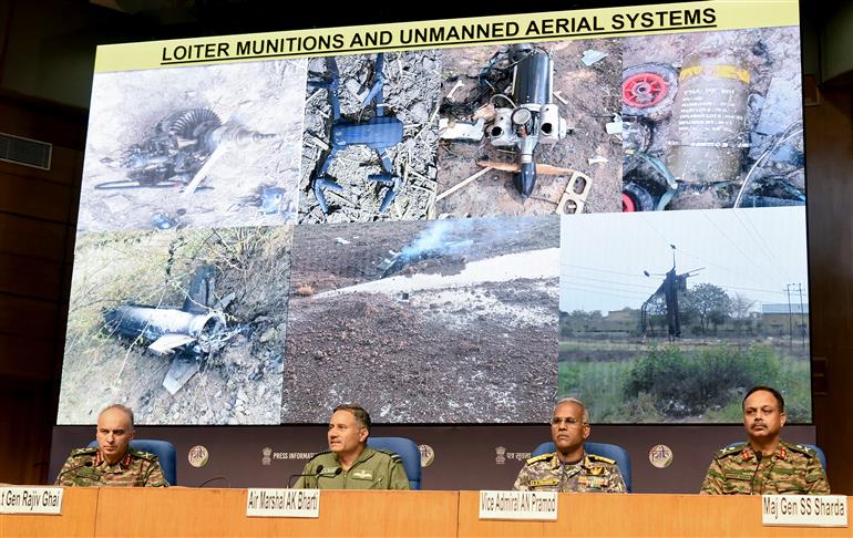 Director General Air Operations (DGAO) Sh. A.K. Bharti briefing the media on ‘Operation Sindoor’ at National Media Centre, in New Delhi on May 12, 2025. Lieutenant General Shri Rajiv Ghai, Vice Admiral Shri AN Pramod and Major General S.S. Sharda are also seen in the Picture.:Ministry of Defence