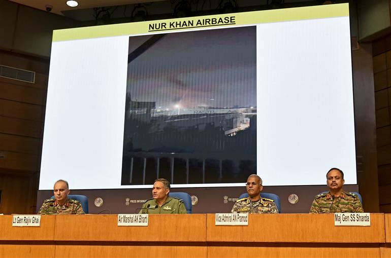 Director General Air Operations (DGAO) Sh. A.K. Bharti briefing the media on ‘Operation Sindoor’ at National Media Centre, in New Delhi on May 12, 2025. Lieutenant General Shri Rajiv Ghai, Vice Admiral Shri AN Pramod and Major General S.S. Sharda are also seen in the Picture.:Ministry of Defence