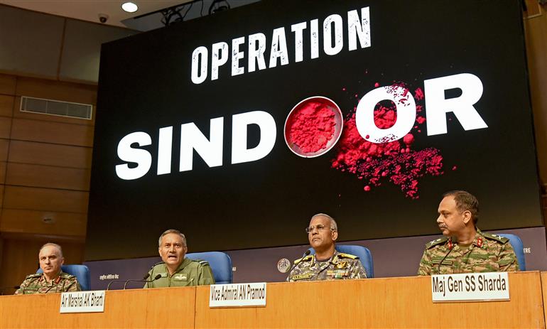 Director General Air Operations (DGAO) Sh. A.K. Bharti briefing the media on ‘Operation Sindoor’ at National Media Centre, in New Delhi on May 12, 2025. Lieutenant General Shri Rajiv Ghai, Vice Admiral Shri AN Pramod and Major General S.S. Sharda are also seen in the Picture.:Ministry of Defence