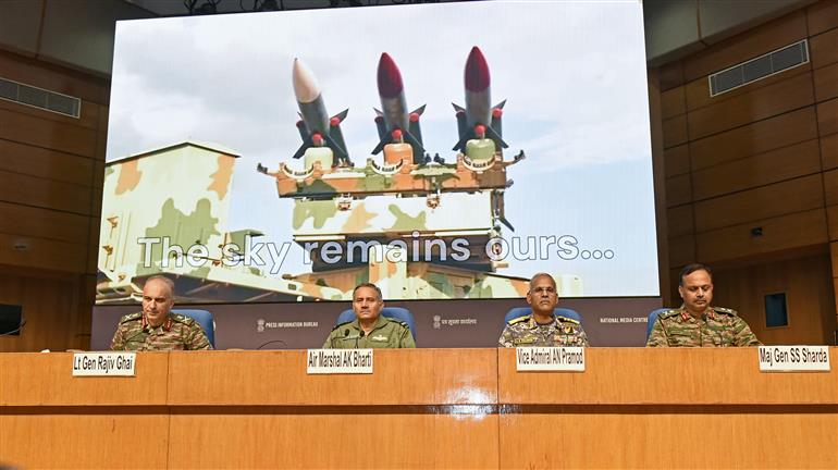 Lieutenant General Shri Rajiv Ghai Director General of Military Operations (DGMO) briefing the media on ‘Operation Sindoor’ at National Media Centre, in New Delhi on May 12, 2025. Air Marshal Sh. A.K Bharti Director General Air Operations (DGAO), Director General Naval Operations (DGNO) Vice Admiral Shri AN Pramod and Major General S.S. Sharda are also seen in the Picture.