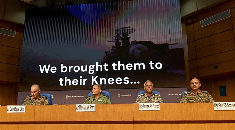 Lieutenant General Shri Rajiv Ghai Director General of Military Operations (DGMO) briefing the media on ‘Operation Sindoor’ at National Media Centre, in New Delhi on May 12, 2025. Air Marshal Sh. A.K Bharti Director General Air Operations (DGAO), Director General Naval Operations (DGNO) Vice Admiral Shri AN Pramod and Major General S.S. Sharda are also seen in the Picture.