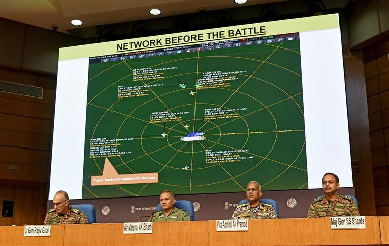Lieutenant General Shri Rajiv Ghai Director General of Military Operations (DGMO) briefing the media on ‘Operation Sindoor’ at National Media Centre, in New Delhi on May 12, 2025. Air Marshal Sh. A.K Bharti Director General Air Operations (DGAO), Director General Naval Operations (DGNO) Vice Admiral Shri AN Pramod and Major General S.S. Sharda are also seen in the Picture.