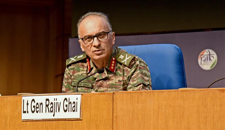Lieutenant General Shri Rajiv Ghai Director General of Military Operations (DGMO) briefing the media on ‘Operation Sindoor’ at National Media Centre, in New Delhi on May 12, 2025. Air Marshal Sh. A.K Bharti Director General Air Operations (DGAO), Director General Naval Operations (DGNO) Vice Admiral Shri AN Pramod and Major General S.S. Sharda are also seen in the Picture.