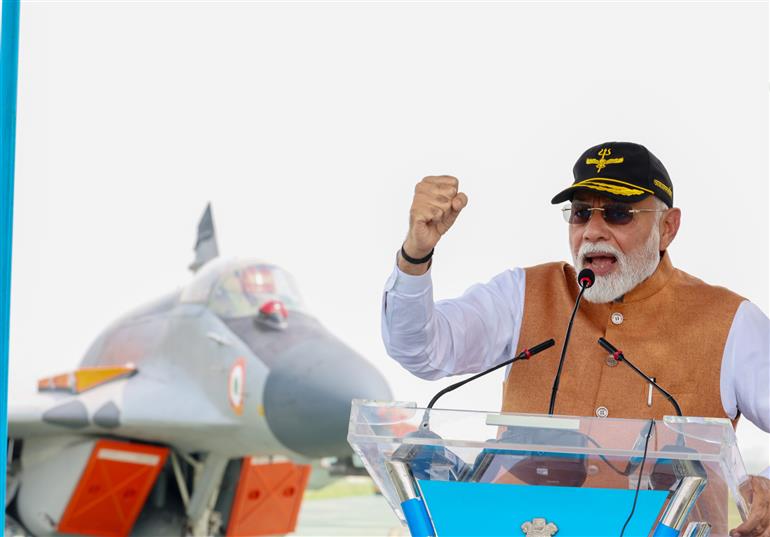 PM addressing the Air Warriors and Soldiers at Adampur airforce base, in Punjab on May 13, 2025.