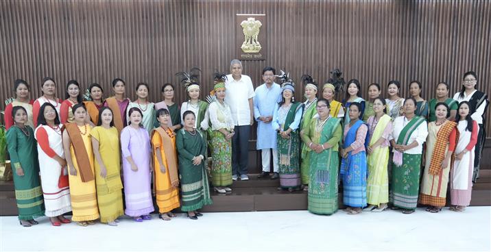 The Vice President, Shri Jagdeep Dhankhar in a group photograph with members of Self Help Groups of Meghalaya at Vice-President’s Enclave, in New Delhi on May 13, 2025.