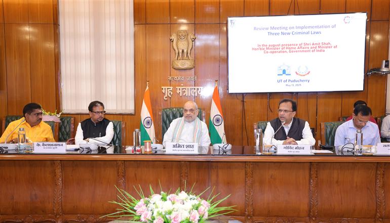 The Union Minister for Home Affairs and Cooperation, Shri Amit Shah reviews implementation of three New Criminal Laws in Puducherry with Lieutenant Governor Shri K. Kailashnathan, in New Delhi on May 13, 2025.