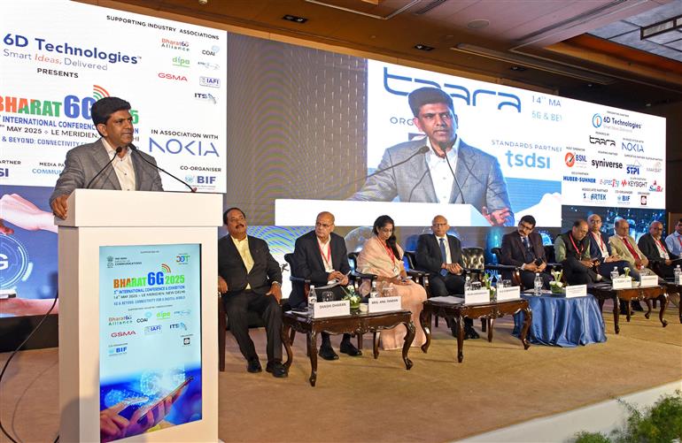 The Minister of State for Rural Development and Communications, Dr. Chandra Sekhar Pemmasani addressing at the inauguration of BHARAT 6G 2025 - 3rd International Conference and Exhibition, in New Delhi on May 14, 2025.