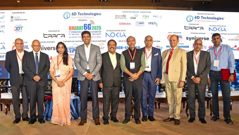 The Minister of State for Rural Development and Communications, Dr. Chandra Sekhar Pemmasani in a group photograph during the inauguration of BHARAT 6G 2025 - 3rd International Conference and Exhibition, in New Delhi on May 14, 2025.