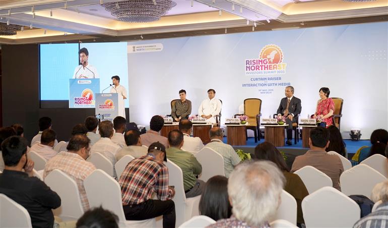 The Union Minister of Communications and Development of North Eastern Region (DoNER), Shri Jyotiraditya M. Scindia addressing at the Curtain Raiser event of Rising Northeast investors Summit 2025, in New Delhi on May 14, 2025.