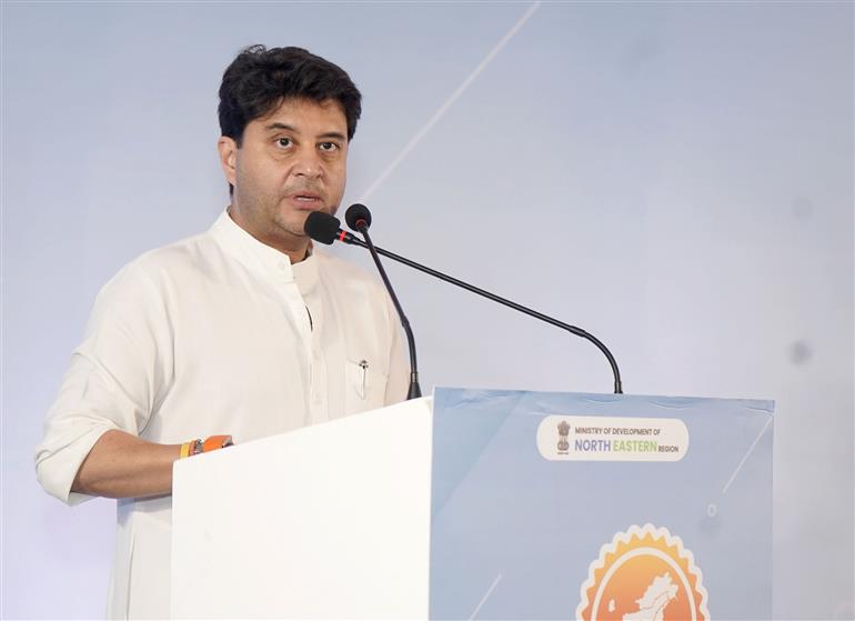 The Union Minister of Communications and Development of North Eastern Region (DoNER), Shri Jyotiraditya M. Scindia addressing at the Curtain Raiser event of Rising Northeast investors Summit 2025, in New Delhi on May 14, 2025.