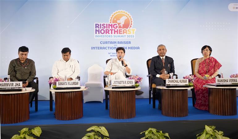 The Union Minister of Communications and Development of North Eastern Region (DoNER), Shri Jyotiraditya M. Scindia interacting with media at the Curtain Raiser event of Rising Northeast investors Summit 2025, in New Delhi on May 14, 2025.