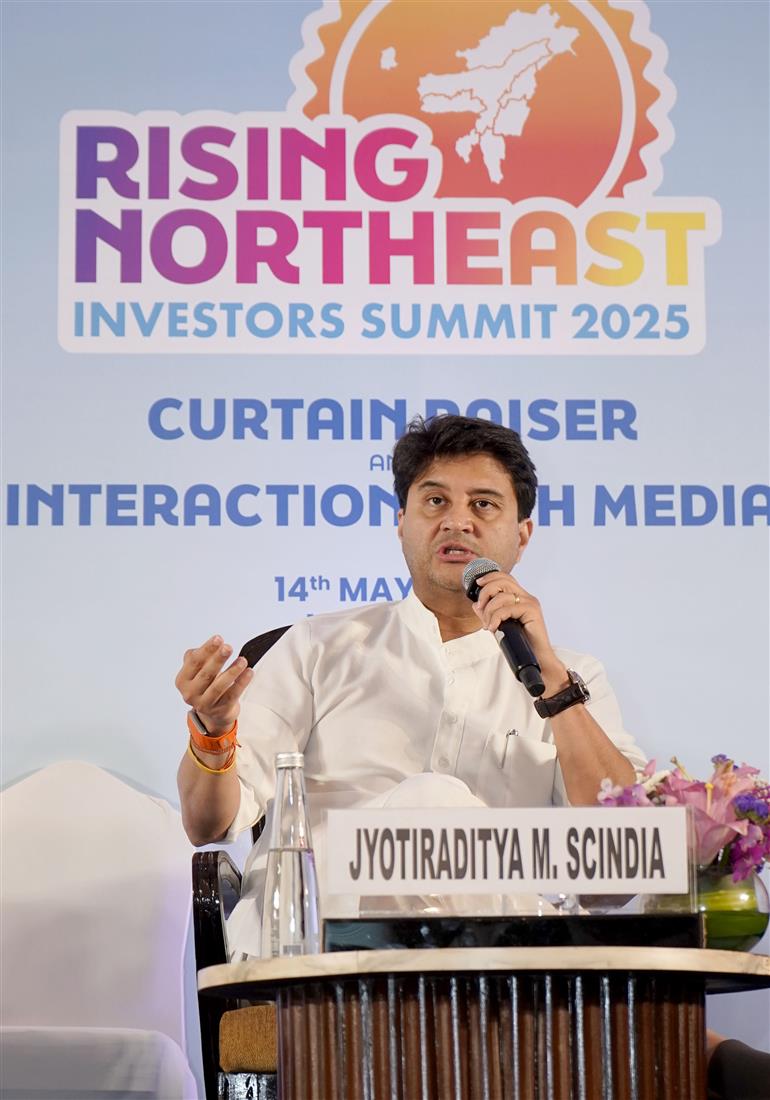 The Union Minister of Communications and Development of North Eastern Region (DoNER), Shri Jyotiraditya M. Scindia interacting with media at the Curtain Raiser event of Rising Northeast investors Summit 2025, in New Delhi on May 14, 2025.